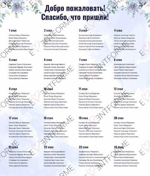 Таблица рассадки с голубыми цветами